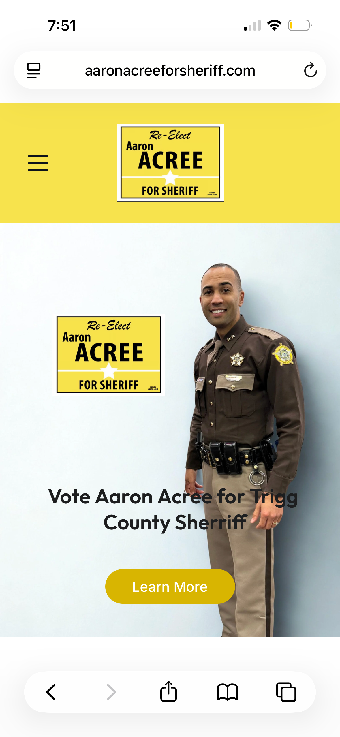 Mobile screenshot of the Aaron Acree for Sheriff website